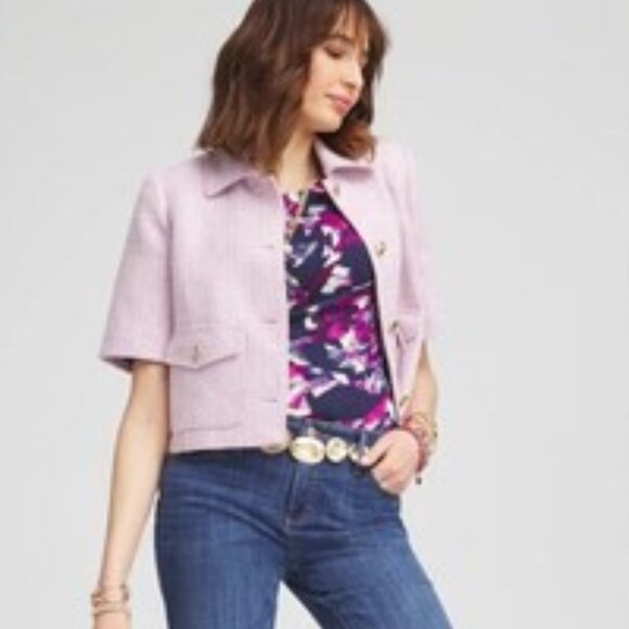 NWT Chicos Sz 2 L Abstract Pima Cotton Bateau Neck Boatneck Tee Elbow Sleeves SS - Picture 7 of 8